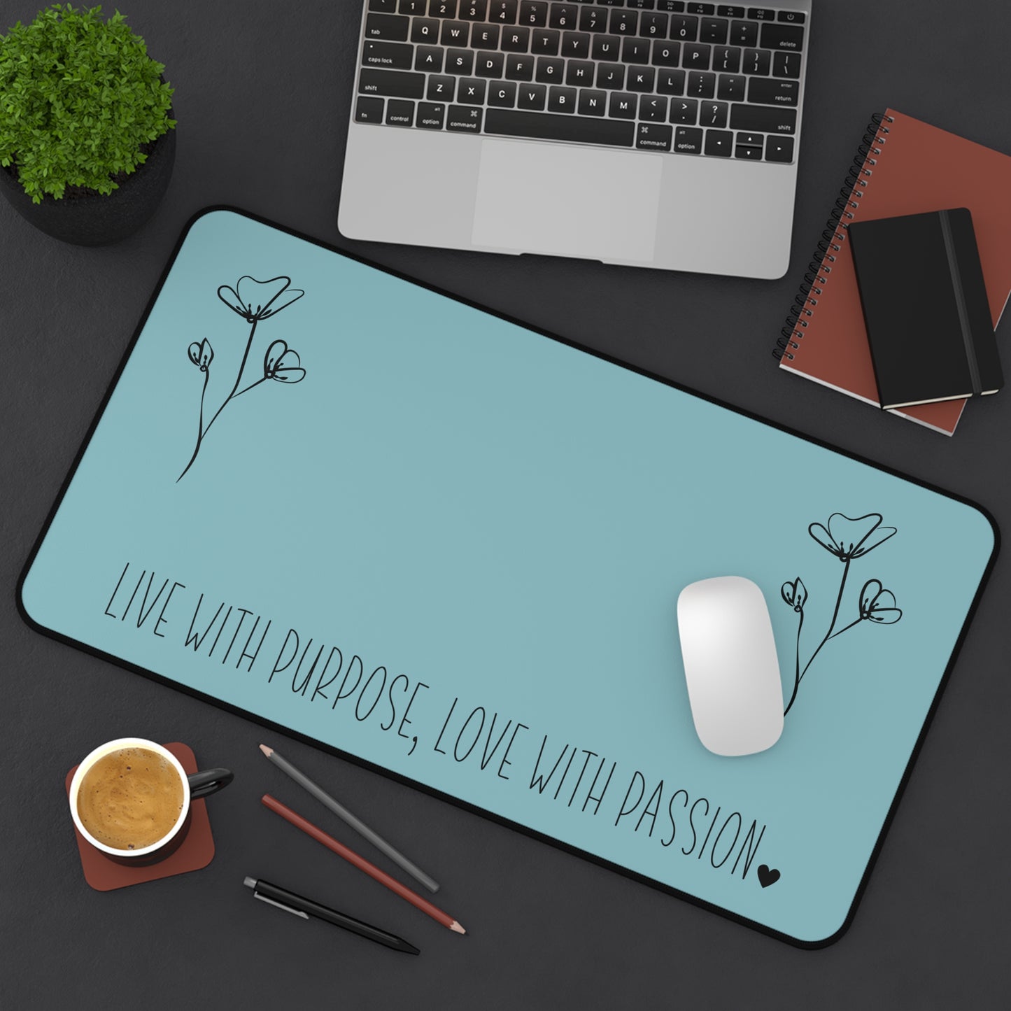 Blue Live with Purpose Love with Passion Desk Pad Human Resources, Home Office Decor Gift for Co-Worker Inspirational Office Accessory