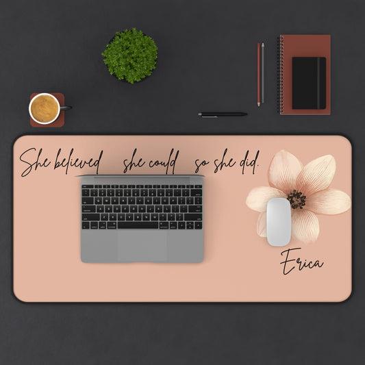 Peach Personalized Desk Pad, She Believed Desk Mat, Custom Inspirational Keyboard Pad, Entrepreneur Home Office Accessories Gifts for Women
