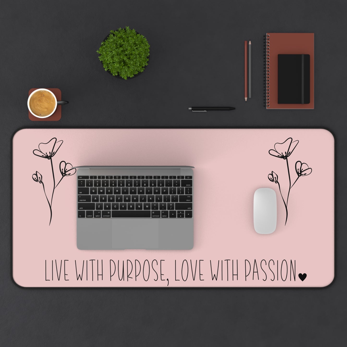 Pink Live with Purpose Love with Passion Desk Pad Human Resources, Home Office Decor Gift for Co-Worker Inspirational Office Accessory