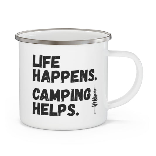 Custom Camping Mug, Life Happens Camping Helps Camper Mug, Personalized Campfire Coffee Mug, Gift for Her, Gift for Him
