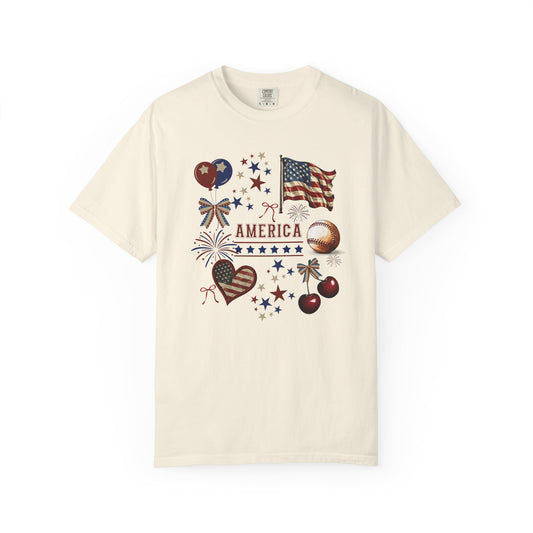Vintage 4th of July Comfort Colors Coquette Cherry Shirt, Retro USA Shirt, Gift for Woman Veteran Independence Day Coquette Bow Shirt