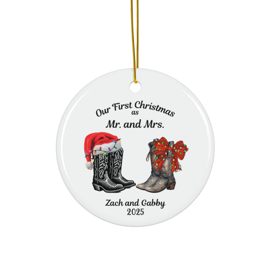 Custom Ornament Gift for First Christmas as Mr. and Mrs., Personalized Married Cowboy Boots Couple Ornament, Wedding Gift