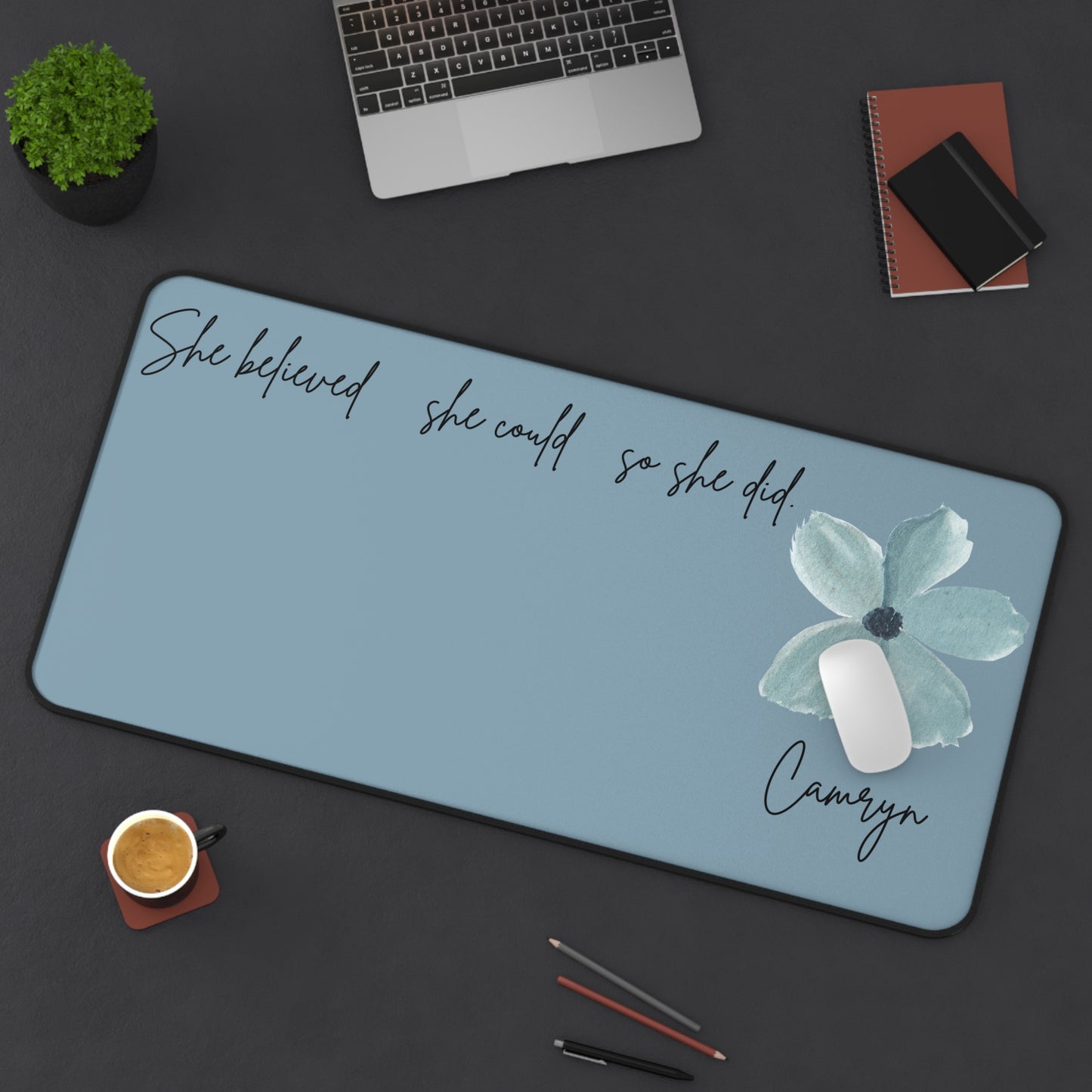 Blue Personalized Desk Pad, She Believed Desk Mat, Custom Inspirational Keyboard Pad, Entrepreneur Home Office Accessories Gifts for Women