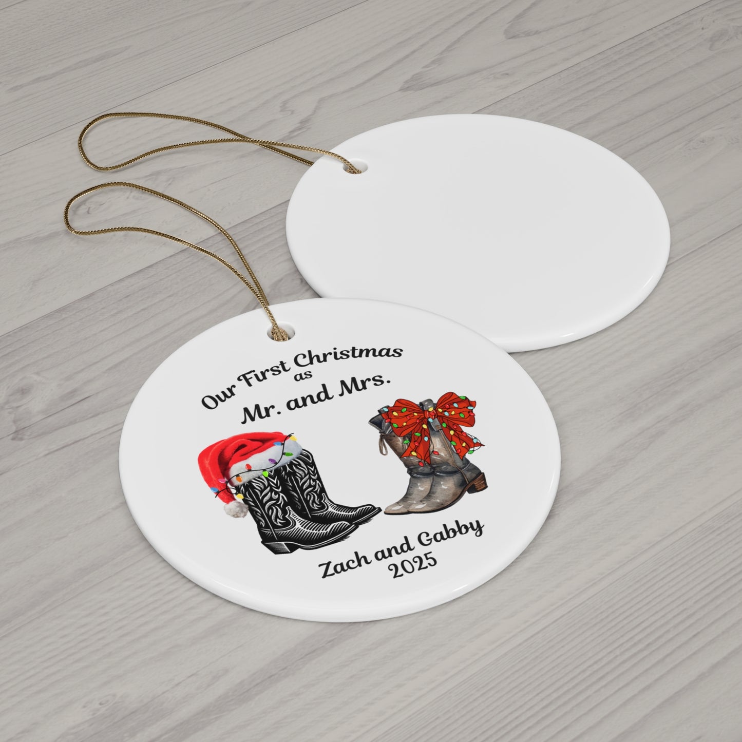 Custom Ornament Gift for First Christmas as Mr. and Mrs., Personalized Married Cowboy Boots Couple Ornament, Wedding Gift