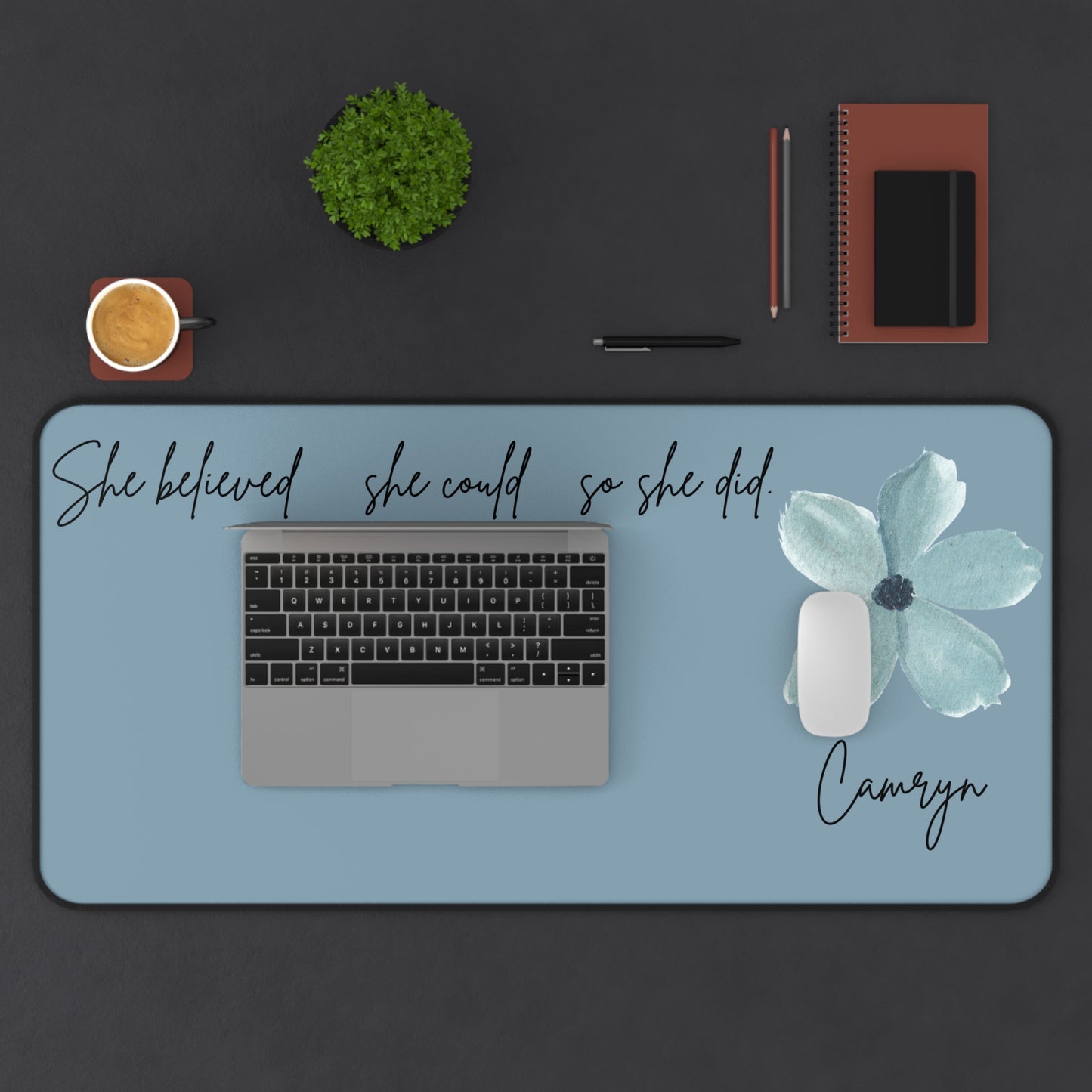 Blue Personalized Desk Pad, She Believed Desk Mat, Custom Inspirational Keyboard Pad, Entrepreneur Home Office Accessories Gifts for Women