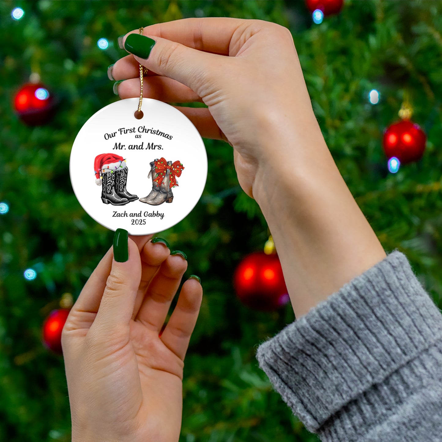 Custom Ornament Gift for First Christmas as Mr. and Mrs., Personalized Married Cowboy Boots Couple Ornament, Wedding Gift