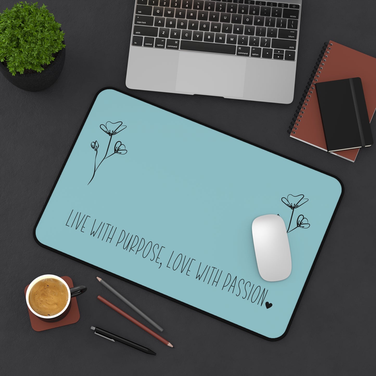 Blue Live with Purpose Love with Passion Desk Pad Human Resources, Home Office Decor Gift for Co-Worker Inspirational Office Accessory