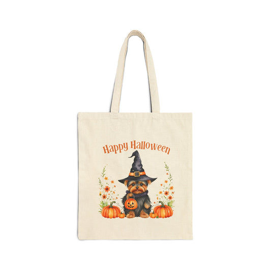 Happy Halloween Yorky Tote,  Pumpkin Tote Bag, Yorkshire Terrier Tote, Fall Tote Bag,  Cute Dog Tote Bag, Trick or Treat Tote Bag